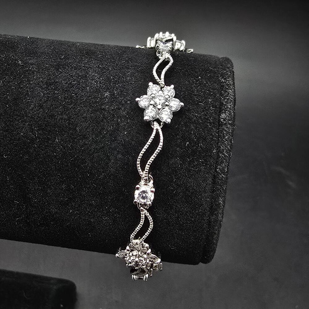 Sterling Silver Cubic Zirconia Flower Tennis Bracelet 925 CZ DL